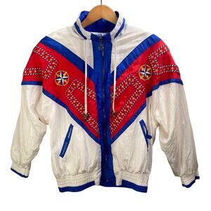 Vintage Nautical Windbreaker Jacket Red White Blue Gold Accents Coastal‎ Yacht